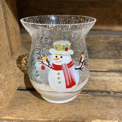 Crackled Glass Snowman Hurricane Lamp
