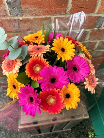 A bright and colourful germini flower arrangement in shades of pink, orange, and yellow, presented in a modern patterned gift box.